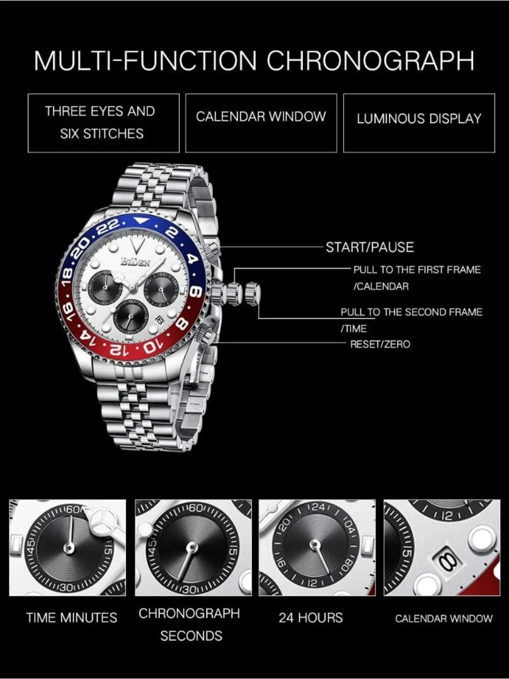 Men's White Luxury Stainless Steel Analog Chronograph Waterproof Classic Watch